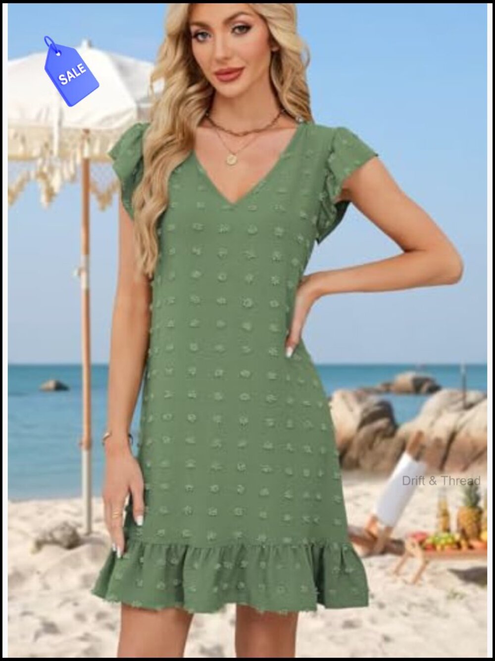 V-Neck Cap Sleeve Ruffle Hem Smock Short Casual Beach Dress - Picture 3 of 7